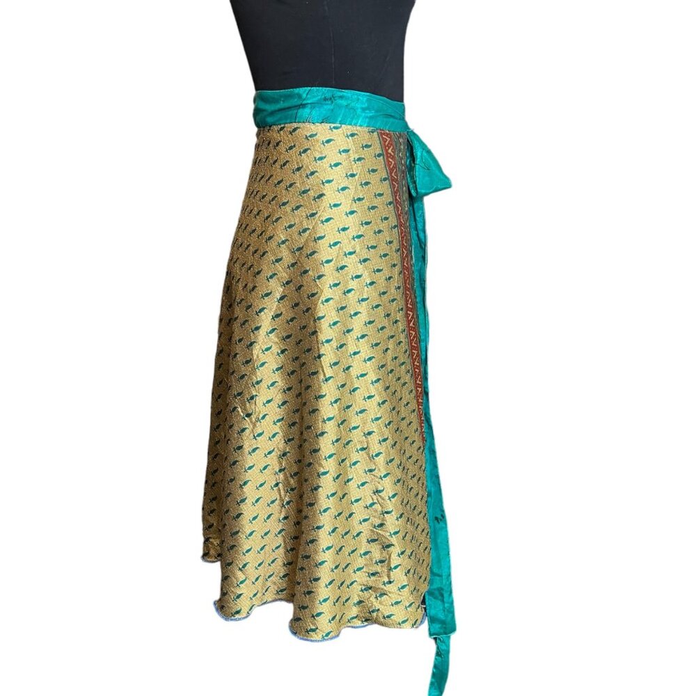 Wevez Wrap Skirt One Size Silk Blend Gold Teal Maroon Boho Womens Tie Waist Midi - Picture 3 of 10